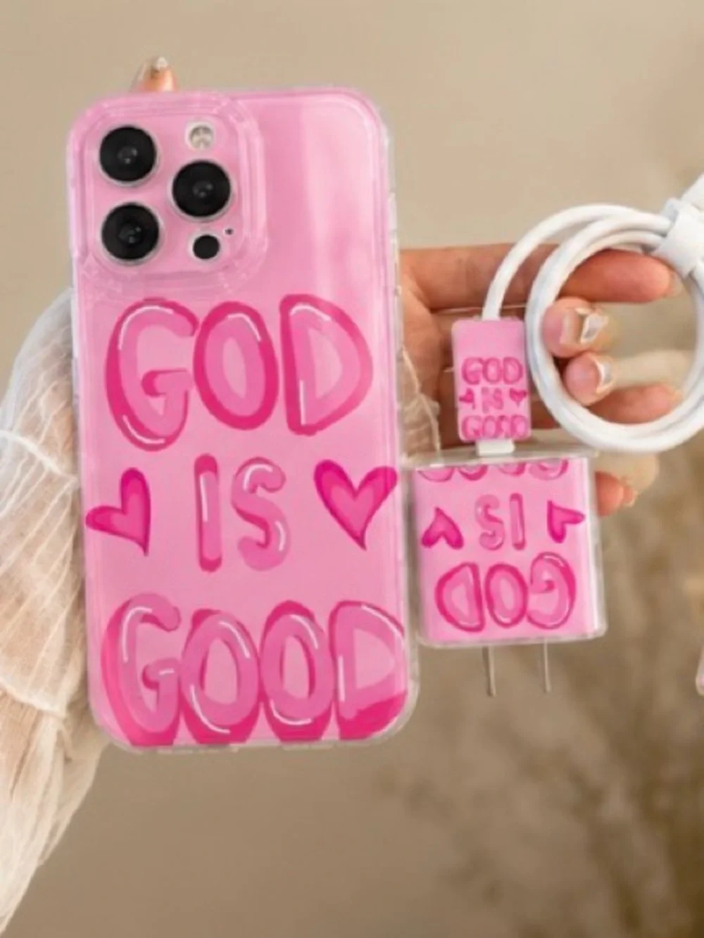Pink 'God Is Good' Phone Case & Charger Set - Unbranded